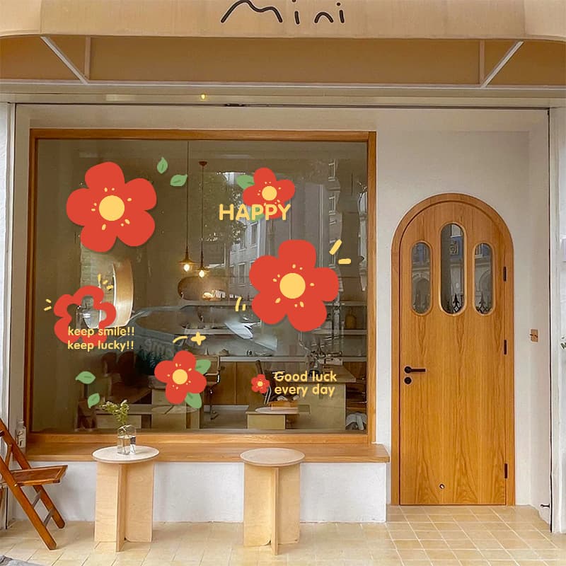 Xiaohongshu Wall Sticker Trendy Shop Glass Door Decal Ins Style Red Flower Store Window Static Cling Decal