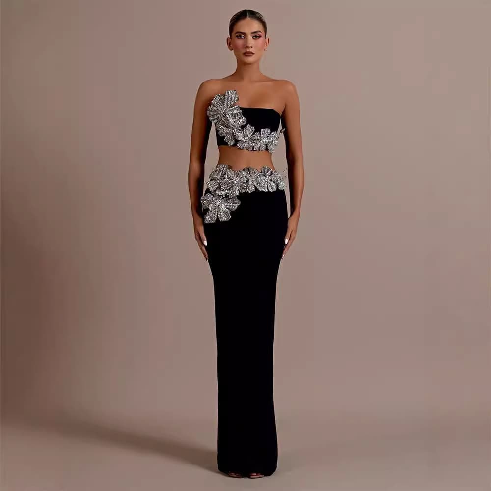 Fashionable Sleeveless Sequin Embroidery Diamond Set with Belt Long Wrap Skirt Sexy Style Polyester Spandex Casual Outfit for Women