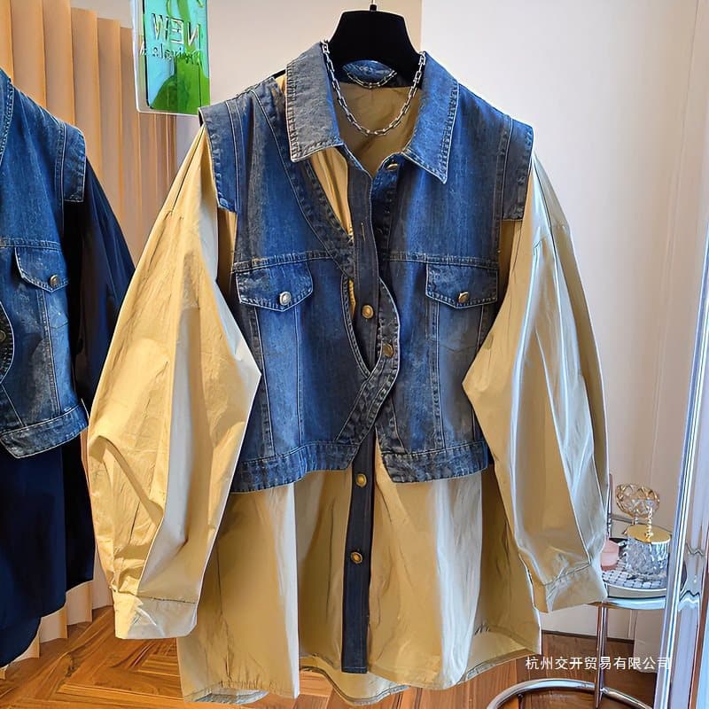Plus-size slimming effect fake two-piece shirt for women, autumn loose fit with fat-concealing design, denim patchwork long-sleeve top.