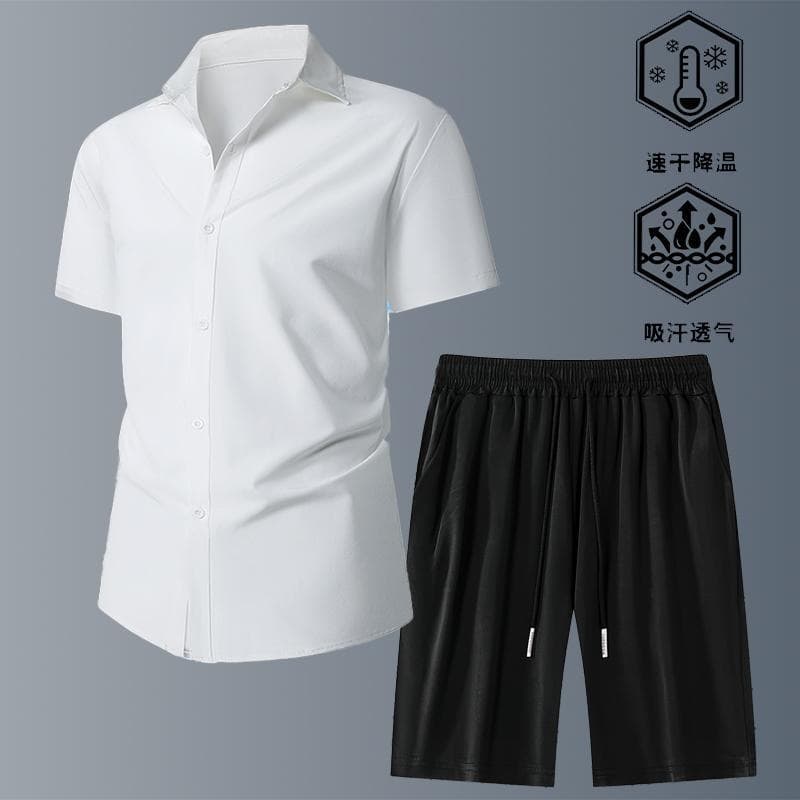 Ice Silk Short Sleeve Shirt Men's Summer New Set Loose Casual Shirt and Shorts Matching High-End Fashion