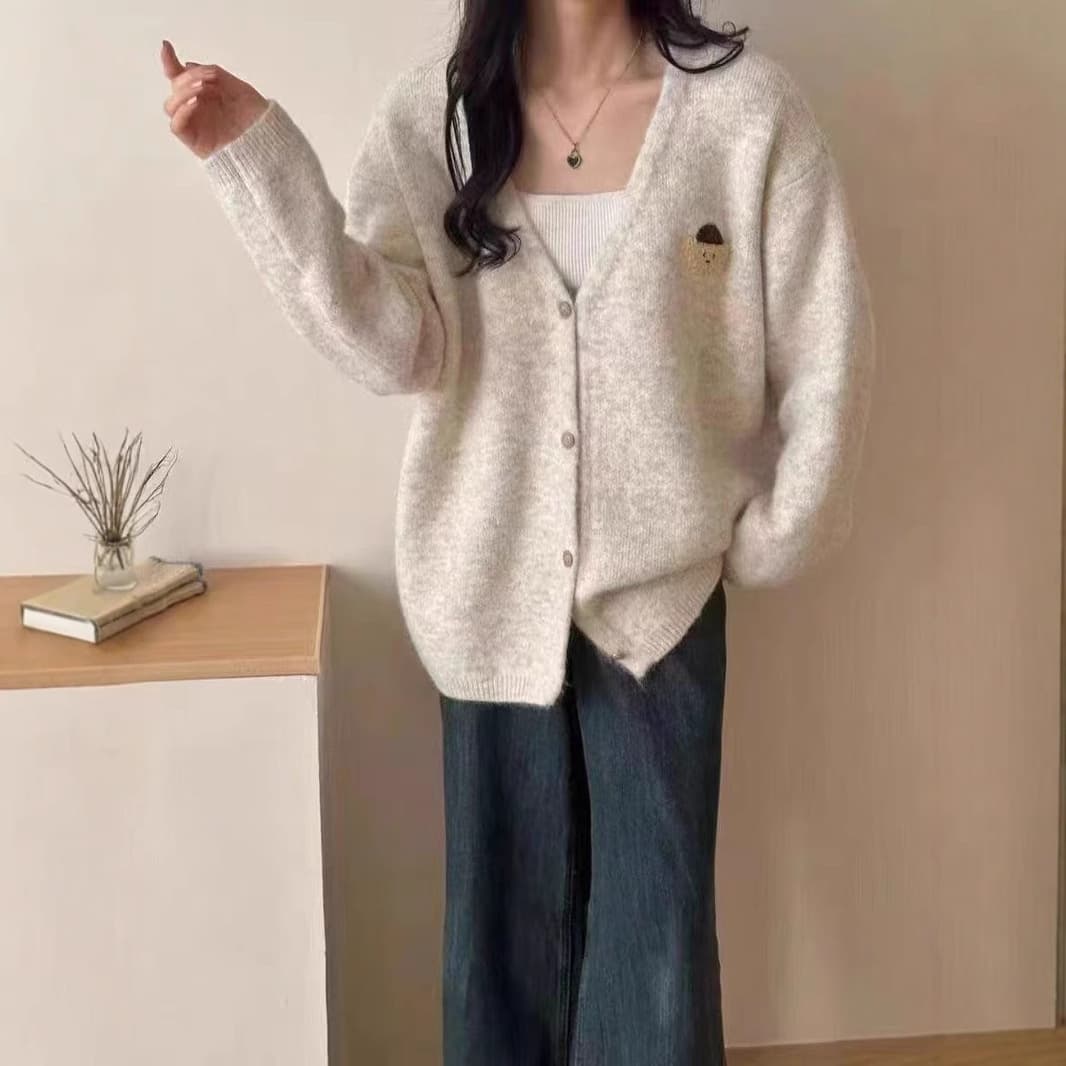 Cute Bear V Neck Autumn and Winter 2025 New Loose Furry Knitted Cardigan Sweater for Women with Lazy Feeling