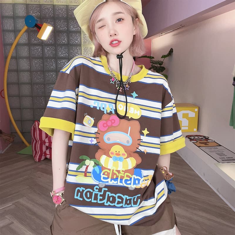Cute Cartoon Print Short-Sleeved T-Shirt Women's Summer New Loose Round Neck Top Mid-Length CX6077