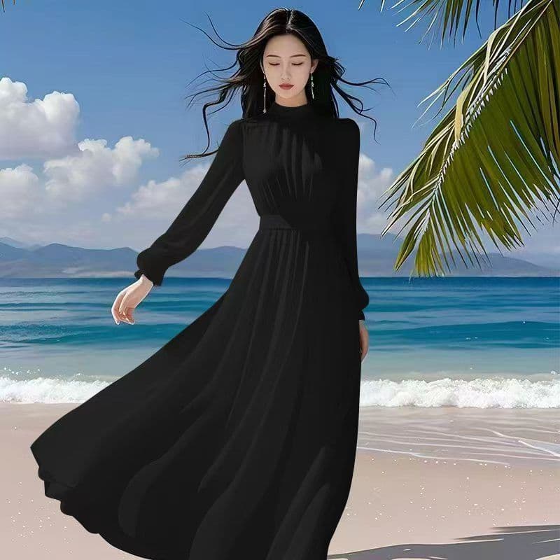This year's popular beautiful solid color dress chiffon long sleeve super fairy temperament long skirt spring and autumn new large hem skirt