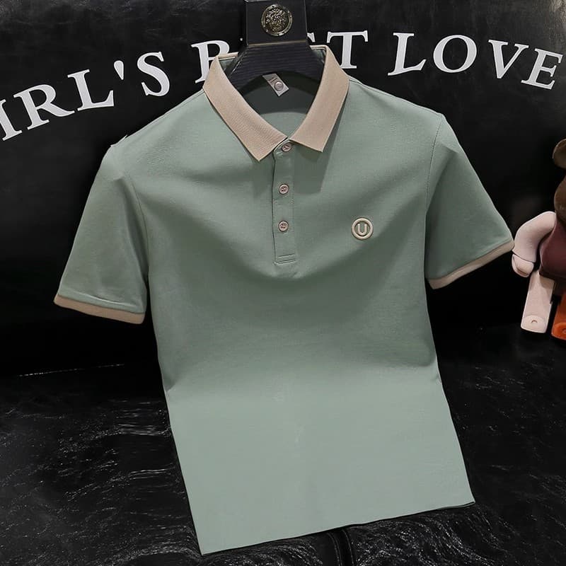 Summer Short Sleeve T-Shirt for Men, Simple High-End Embroidered Polo Shirt, British Slim Contrast Collar Ice Silk Top Fashion