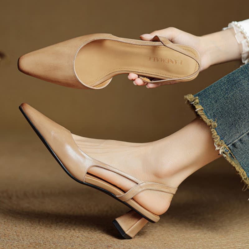 New French Style High Heels for Women, Mid Heel Pointed Toe Simple Chunky Heel Closed Toe Open Back Sandals Summer Comfortable Non-Tiring