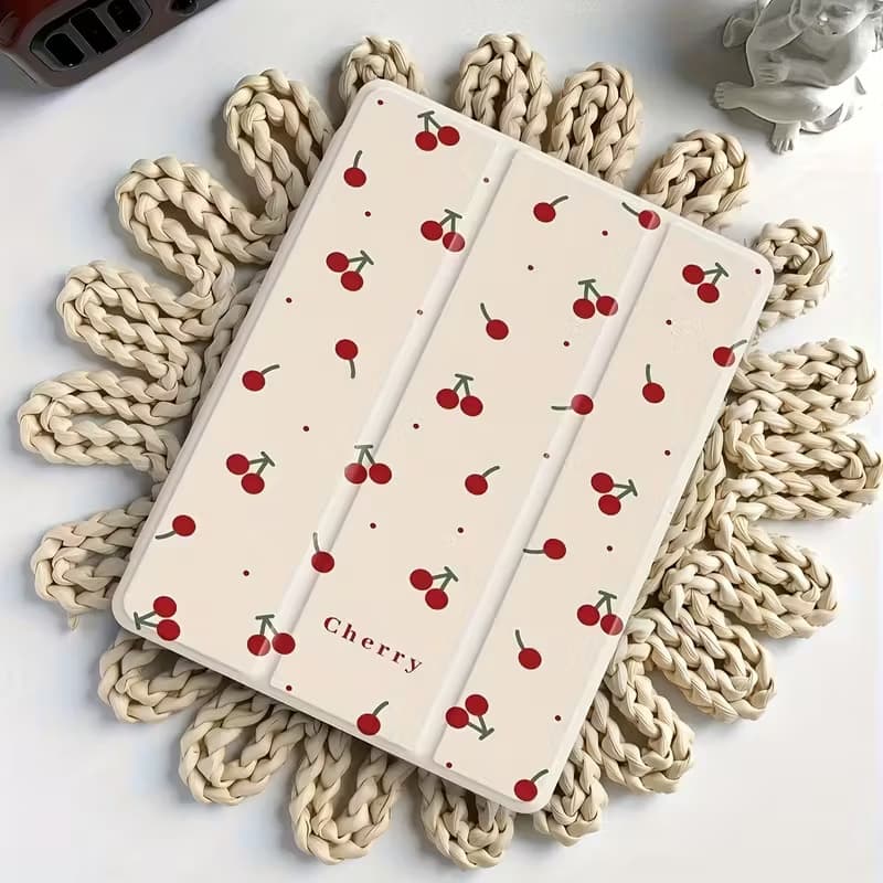 Instagram-style full-screen cherry iPad case compatible with iPad Pro 2025 model, 11-inch tablet shell, tri-fold with pencil holder