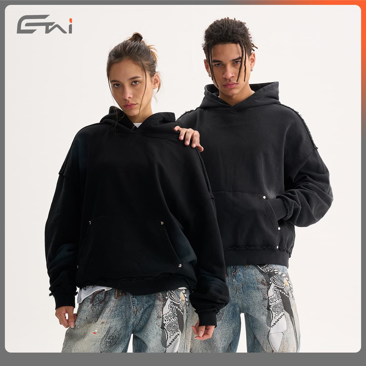 ETAI Men's Fashion | New Fall/Winter Short Wide Washed Distressed Hoodie for Men, Streetwear Paneled Heavyweight Hooded Sweatshirt