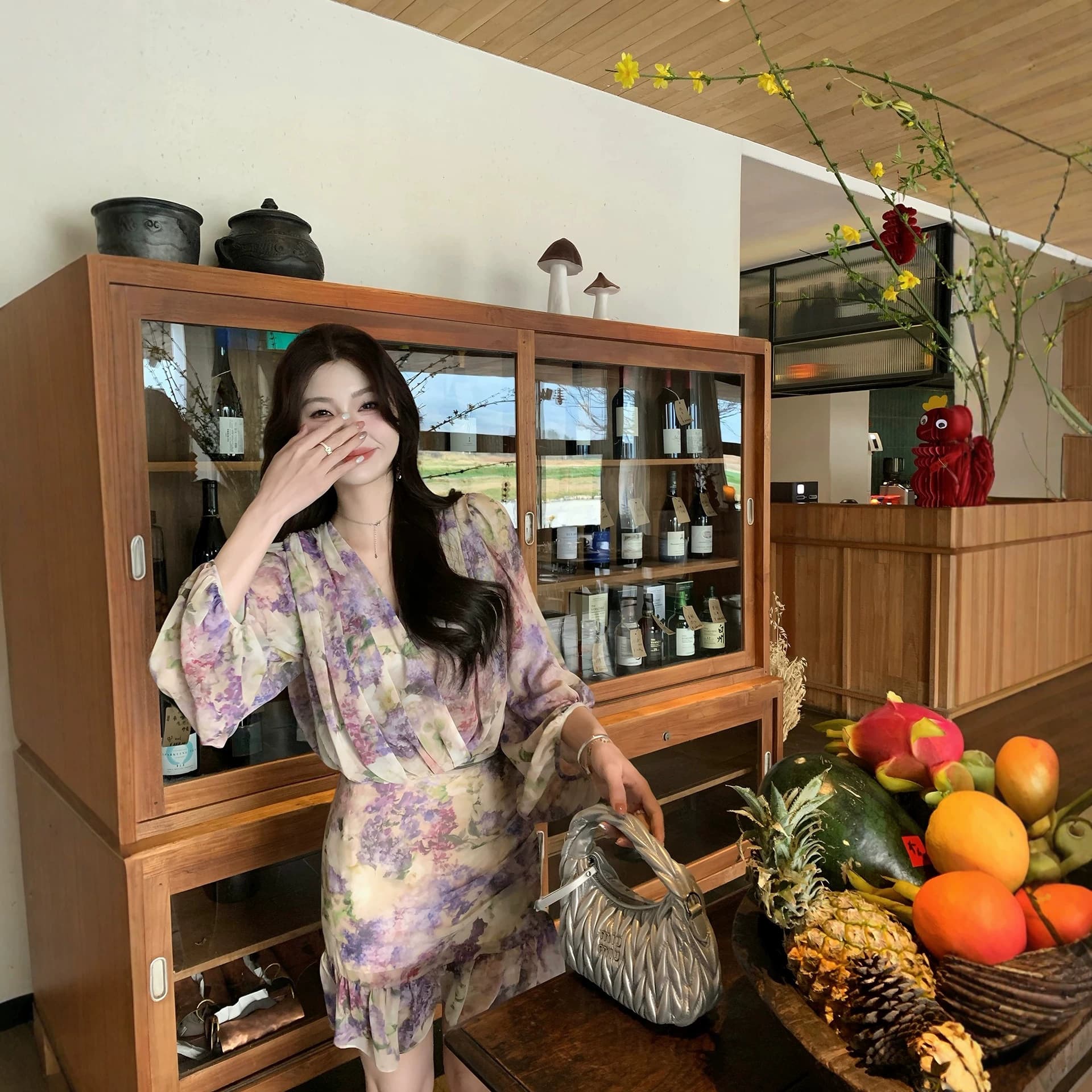 Syeee Yinian Huakai Floral Print Half Skirt Set for Women Spring Summer V-Neck Top A-Line Skirt Matching Set