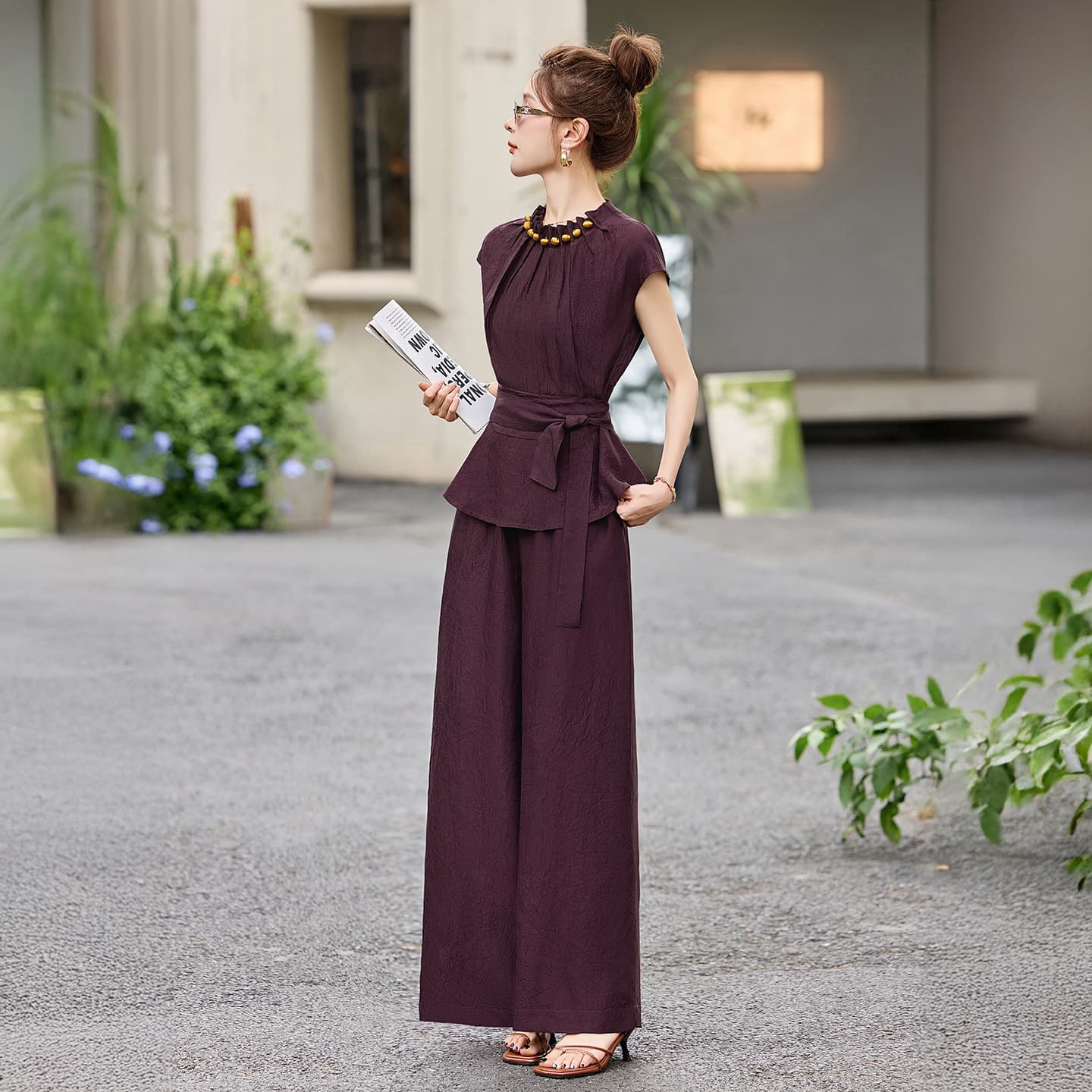 Xiaoxiang Style Women's Suit 2026 Summer New Arrival Chic Elegant Waist-Cinching Short Sleeve Wide-Leg Pants Two-Piece Set