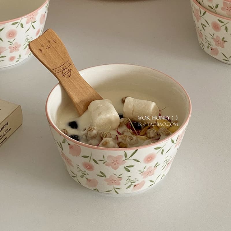 Gentle Pink Floral Ceramic Rice Bowl, Full of Korean-Style Girlish Charm. Inch-Sized Bowl for Breakfast, Yogurt, and Oatmeal