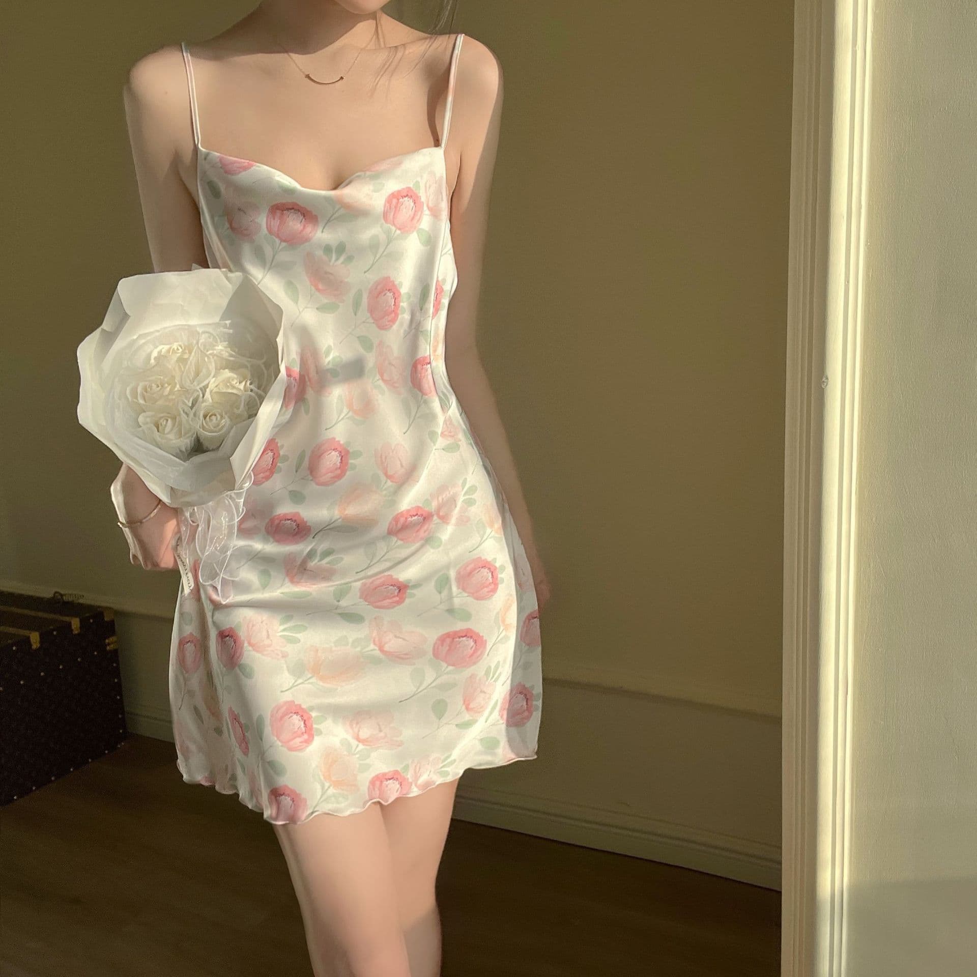 2023 New Sexy Nightgown Women's Summer Camisole Ice Silk Pajamas Ins Print Pure Desire Sleepwear