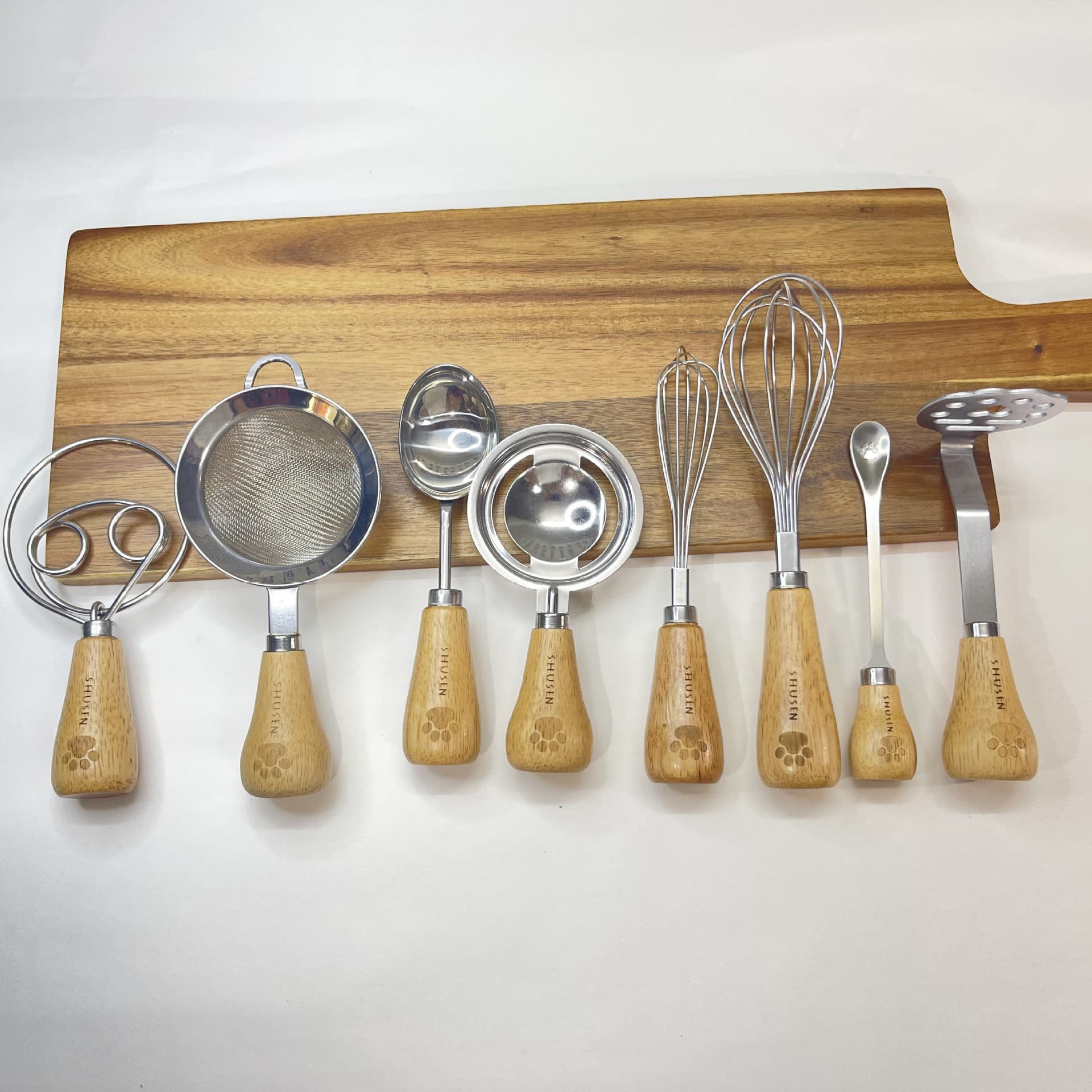 Egg Beater, Egg White Separator, Mud Press, Stainless Steel Kitchen Mini Kitchen Utensils, Rubber Wood Handle 8-Piece Set