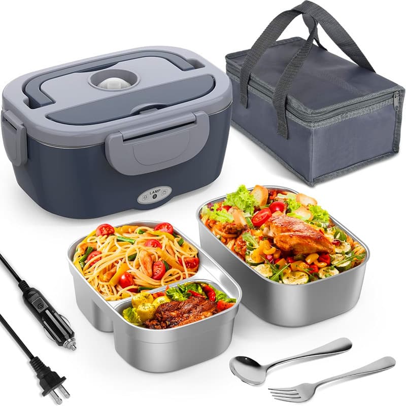 New Cross-border Double Inner Pot Heating Lunch Box Plug-in Heating Bento Lunch Box 304 Stainless Steel Container Car Meal