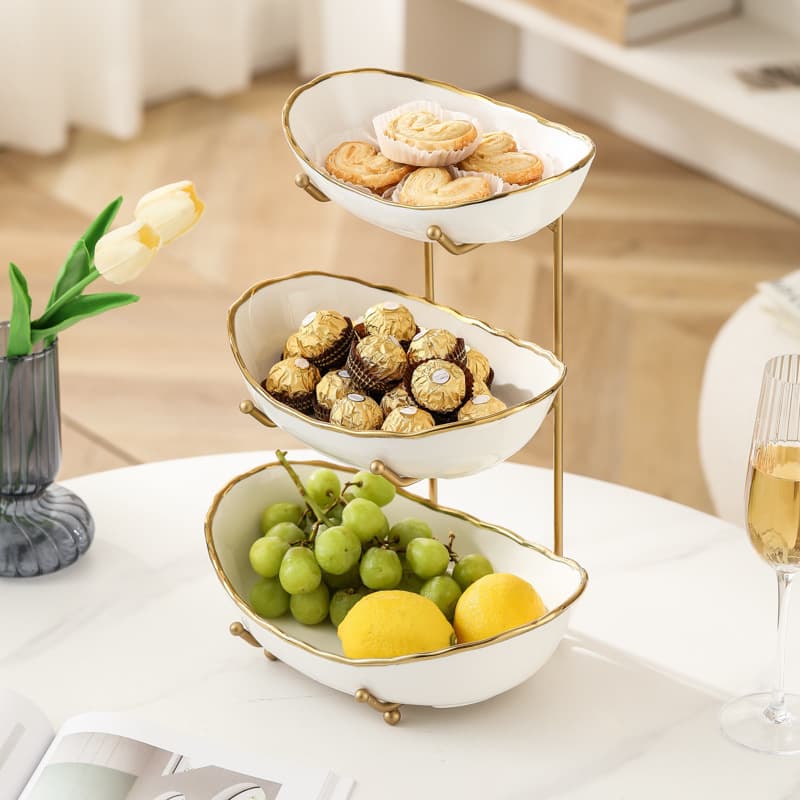 Nordic ceramic fruit plate wrought iron fruit basket living room household double-layered three-layered fruit plate snack snacks dry fruit plate