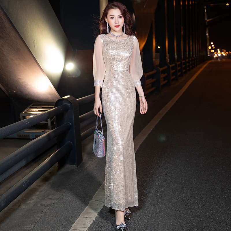 Sequin Annual Gala Evening Dress Women 2025 New Style Banquet Light Luxury Niche Mermaid Red Song Performance Costume Hostess Dress Wholesale