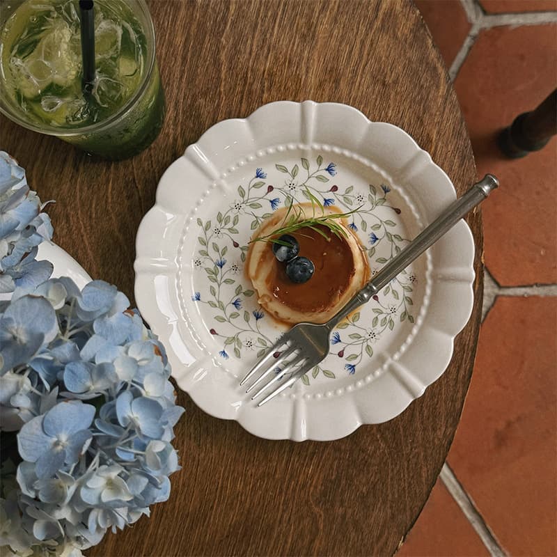 French Vintage Blue Floral Branch Plate - Ceramic Plate, High-Aesthetic Scalloped Ceramic Plate, Dessert Plate, Salad Plate, Dinner Plate