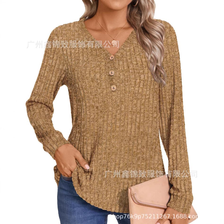 Amazon 2024 European and American Cross-Border Foreign Trade Autumn and Winter New Solid Color V-Neck Button Loose Long-Sleeve T-Shirt Top for Women