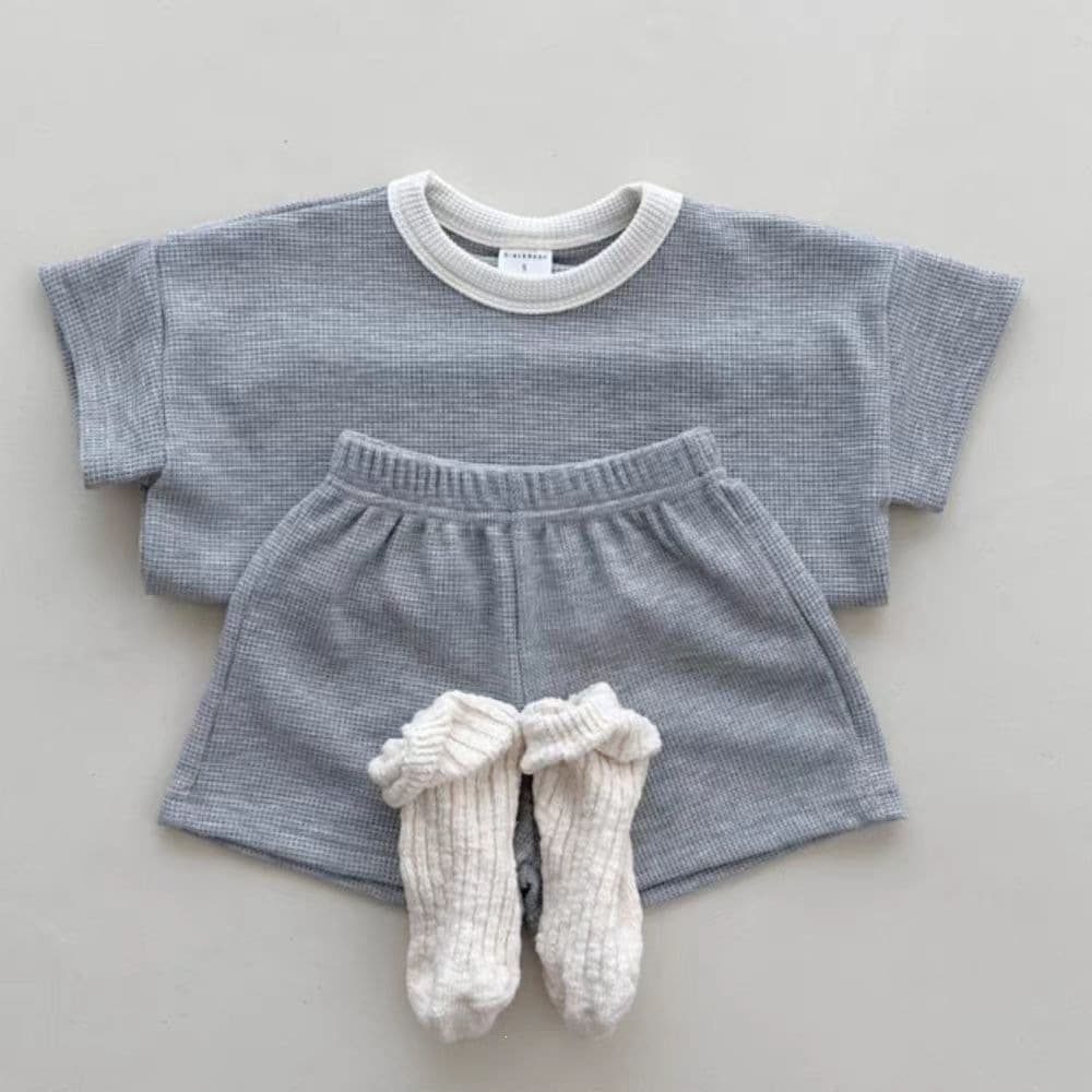 24 Kids Soft Waffle Comfortable Casual Set Summer Simple Stylish Short Sleeve Shorts Casual Two-Piece Set Pink