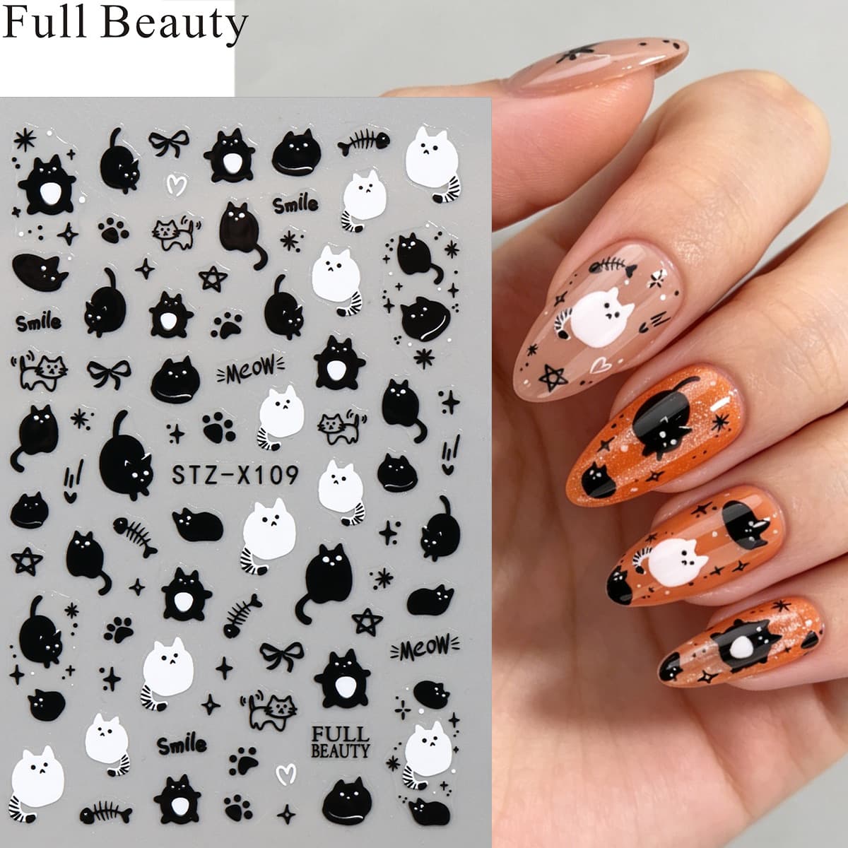 Full Beauty Cross-Border Nail Art Stickers 3D Cartoon Animals Cute Black Cat White Cat Paw Print Nail Art Stickers