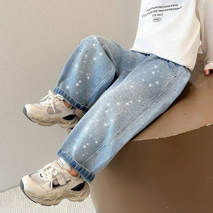 Kids Spring Pants Girls Rhinestone Jeans Loose 2026 New Fashionable Baby Super Cool Streetwear Long Pants