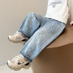 Kids Spring Pants Girls Rhinestone Jeans Loose 2026 New Fashionable Baby Super Cool Streetwear Long Pants