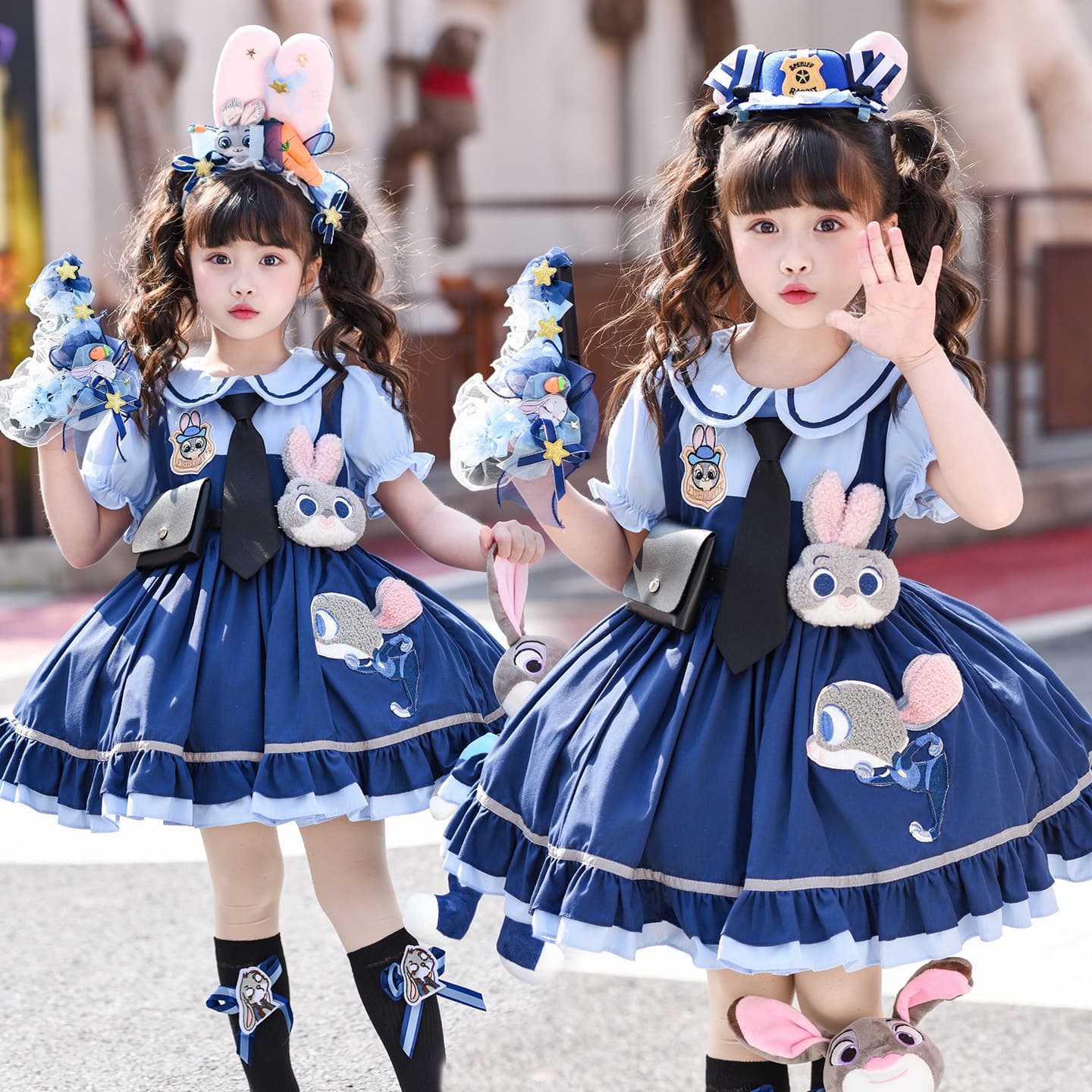 Girls Rabbit Officer Princess Dress Summer New Children Cartoon Puffy Dress Birthday Gown Lolita Dress