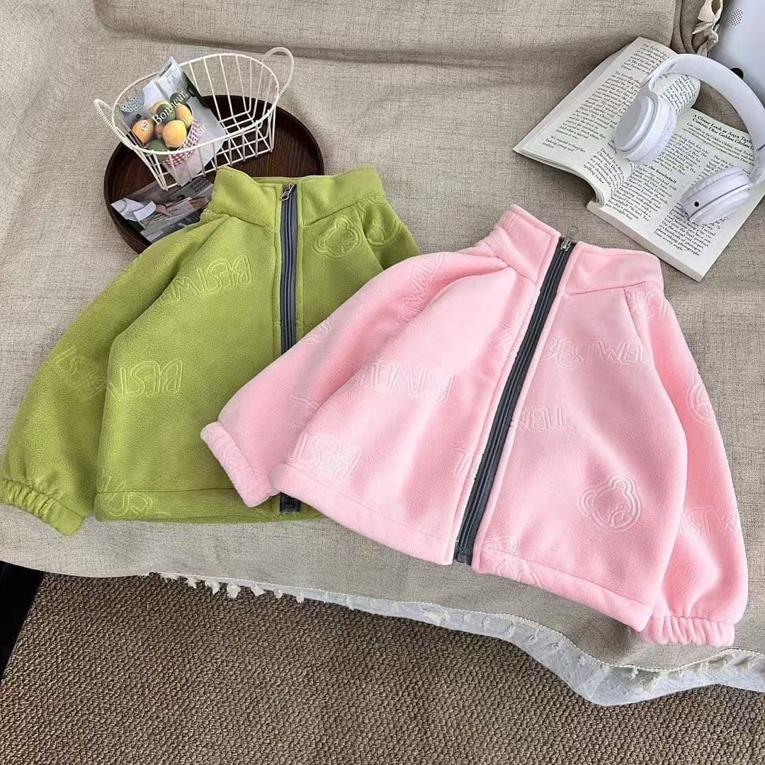 Embossed Outdoor Fleece-Lined Warm Unisex Kids Fleece Zipper Cardigan Top Guangdong Stock Moisture-Wicking Rabbit Hair