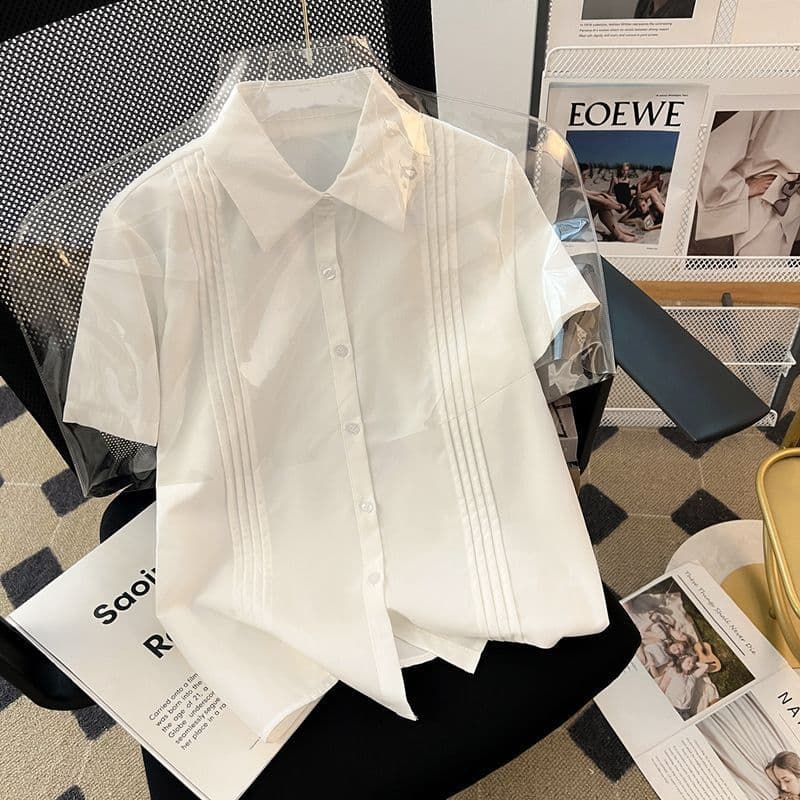 White JK Uniform Shirt for Women 2026 New Short Sleeve Accordion Pleat Basic Blouse Open Front Short Top Spring