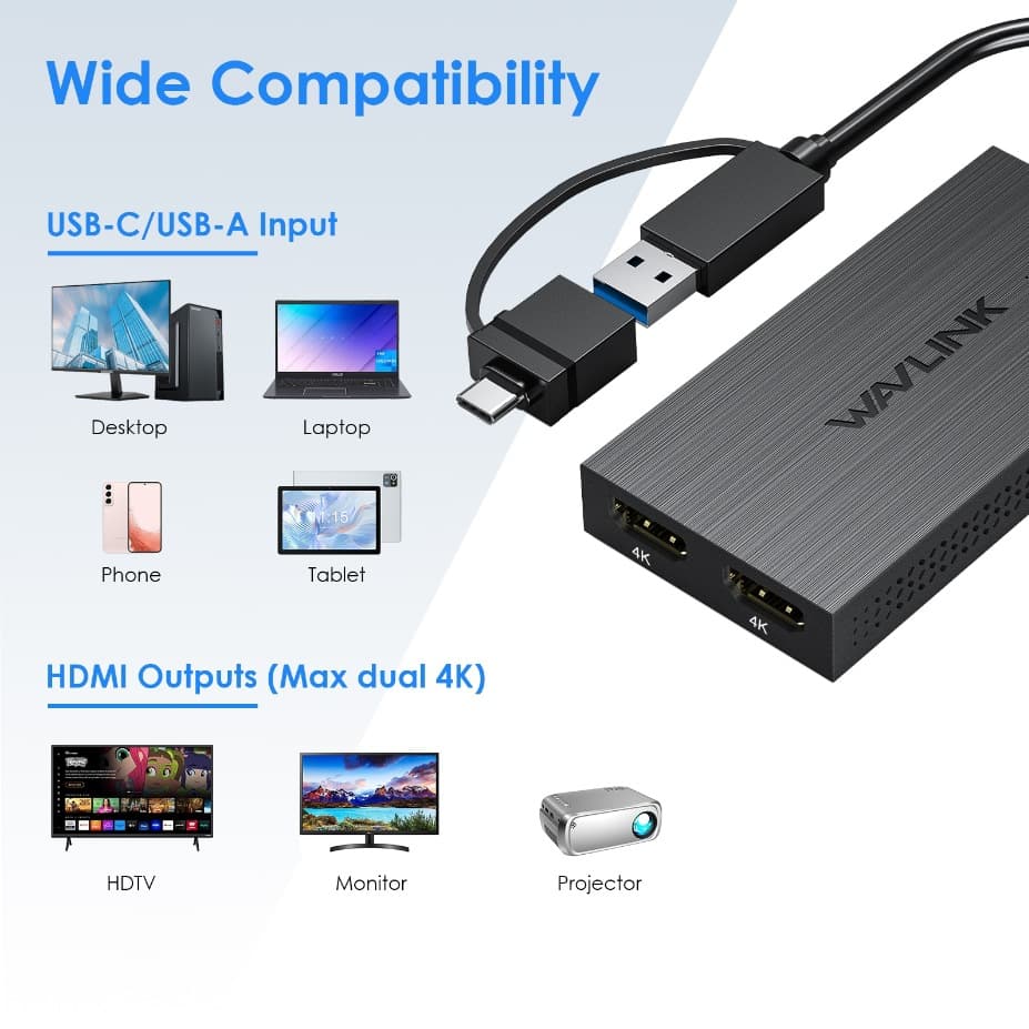 4K HD Video Screen Expansion Graphics Card USB-C to Dual HDMI 4K Display Adapter Same Screen Extender Monitor