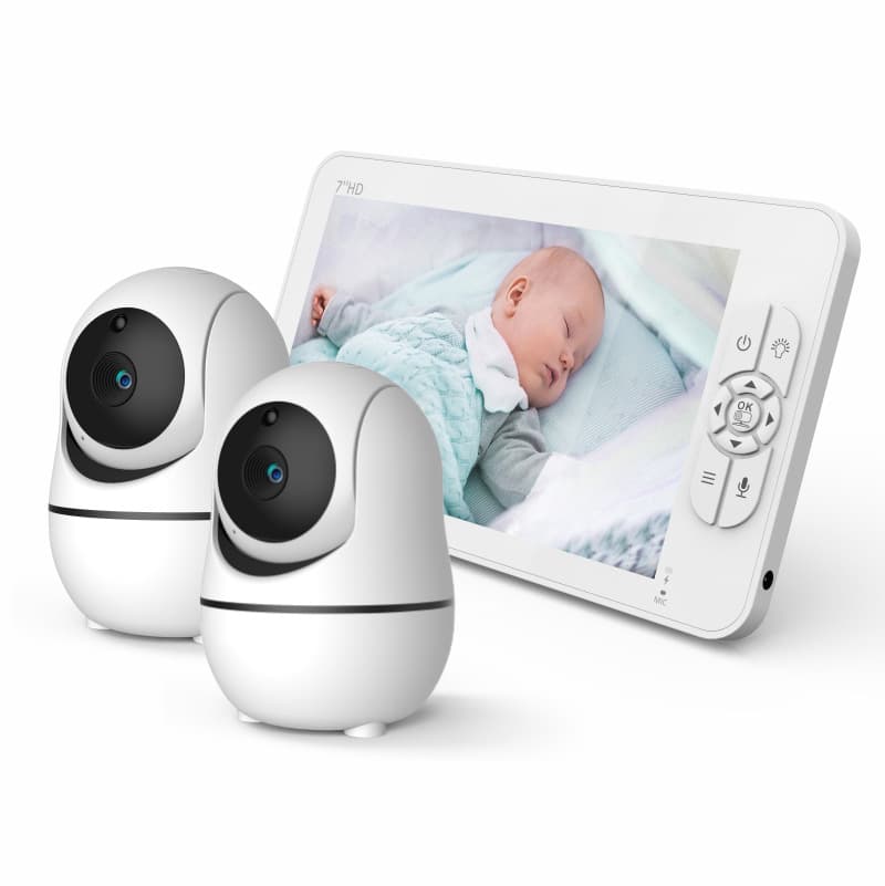 Wireless 7-inch HD Baby Monitor with Rotating Night Vision Camera, Two-Way Audio, Room Temperature Monitoring, One-to-Two