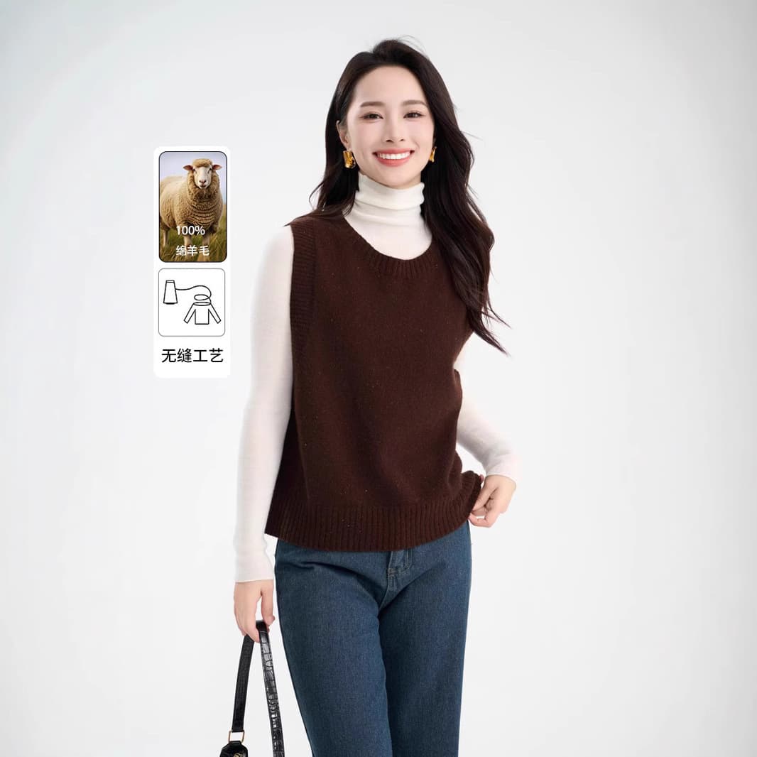Jige 100% Wool Vest 2025 Autumn Round Neck Color Point Yarn Knit Vest Women Sleeveless Layering 160g Thin Style