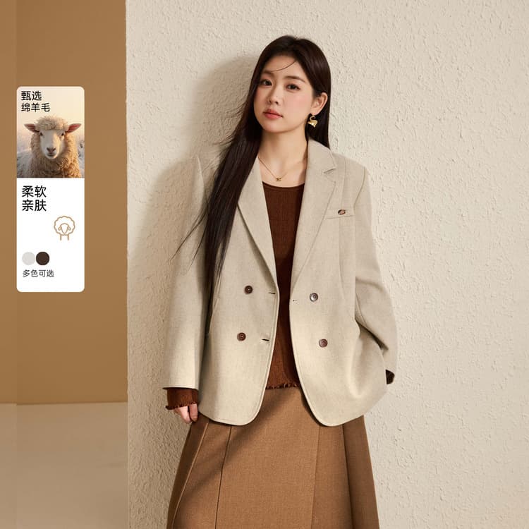 [Amber] Sheep wool blended British style double-breasted suit slim and elegant plus size women's clothing fat mm autumn new style