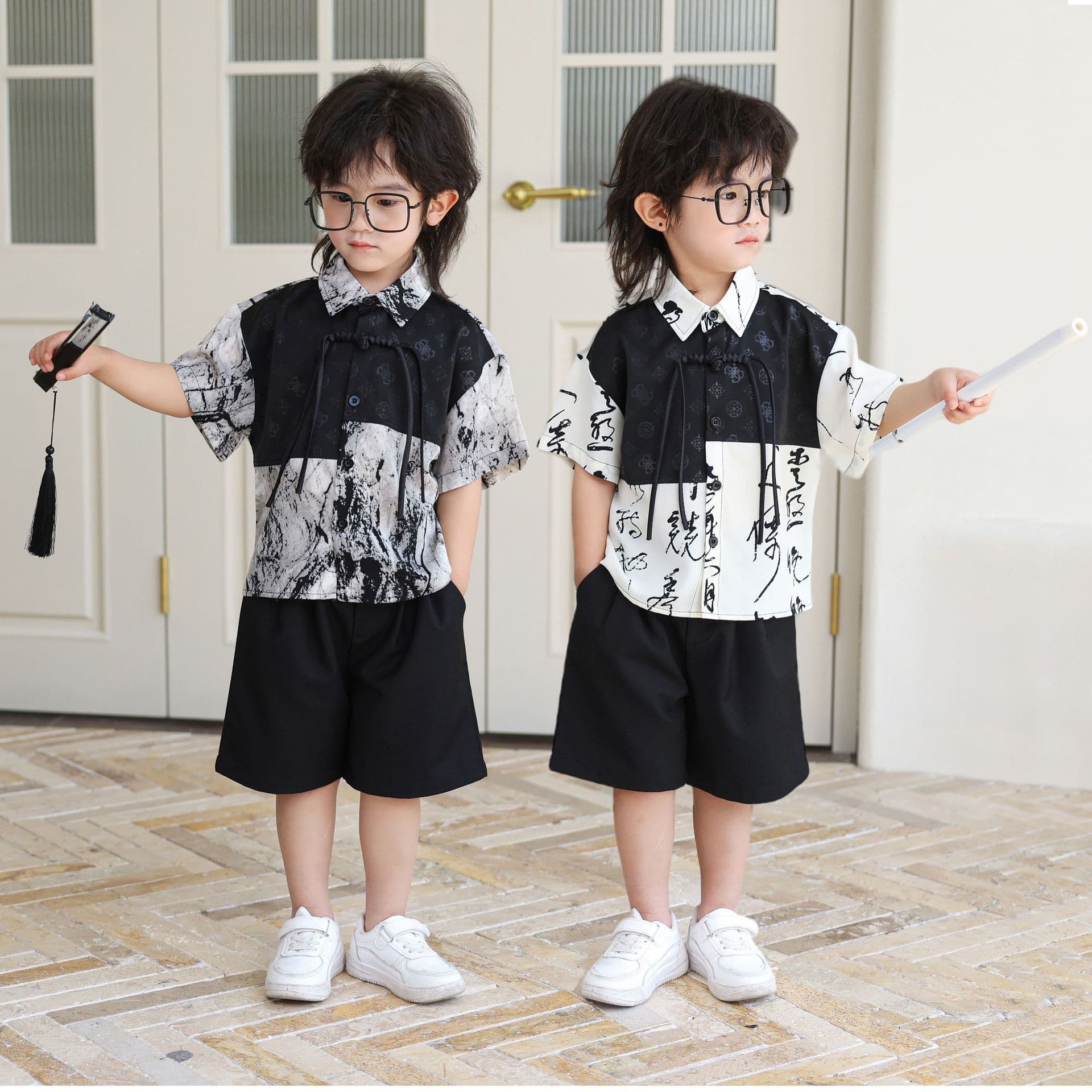 2024 Summer New Chinese Style Boys Short Sleeve Set Hanfu Children Tang Suit Chinese Stand Collar Fashion Retro