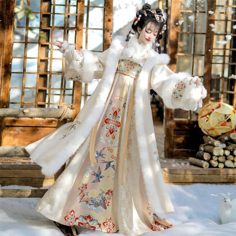Women's Hanfu Winter New Year's Outfit, Traditional Chinese Style Cape Suspender Dress Set, Improved Thickened Fleece-lined Woolen Cape Coat, Size 24