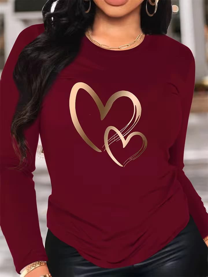 [Cross-border EU Size] Women's Fashion Casual Loose-Fit Heart Print Long-Sleeve Crew Neck T-Shirt for Spring/Autumn