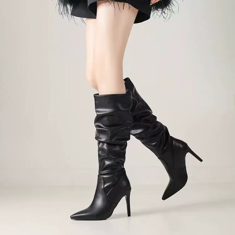 Cross-border export pointed toe stiletto heel tall boots women's stack boots belt buckle pleated high heel over-the-knee boots extra high heel