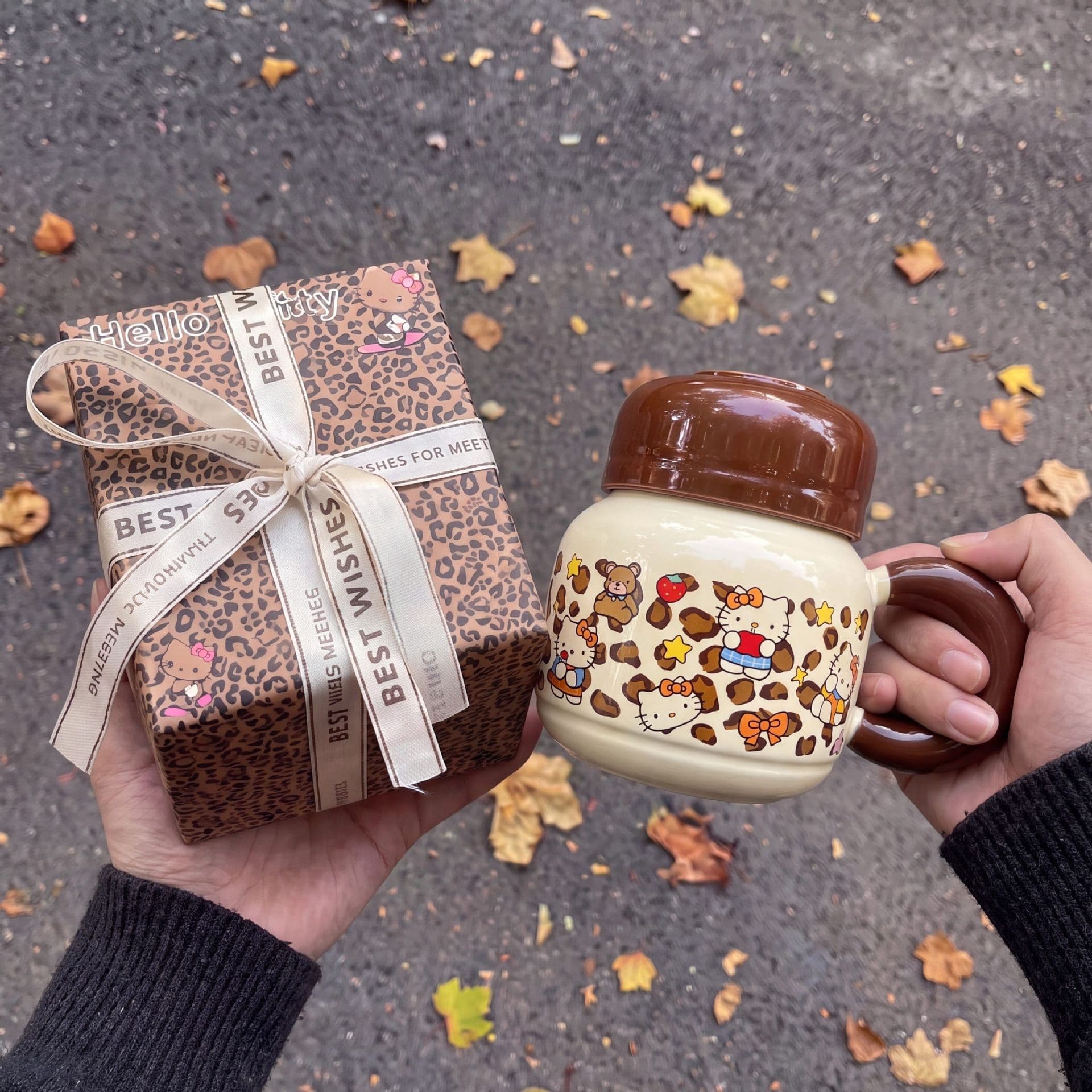 Cute High-Appearance KT Mug, Pretty Ceramic Water Cup for Girls with Lid and Spoon, Office Coffee Cup