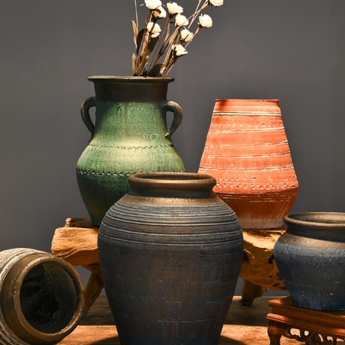 Retro pottery pots, handmade coarse pottery succulent flowerpots, vases, pottery pots, new Chinese style dried flowers