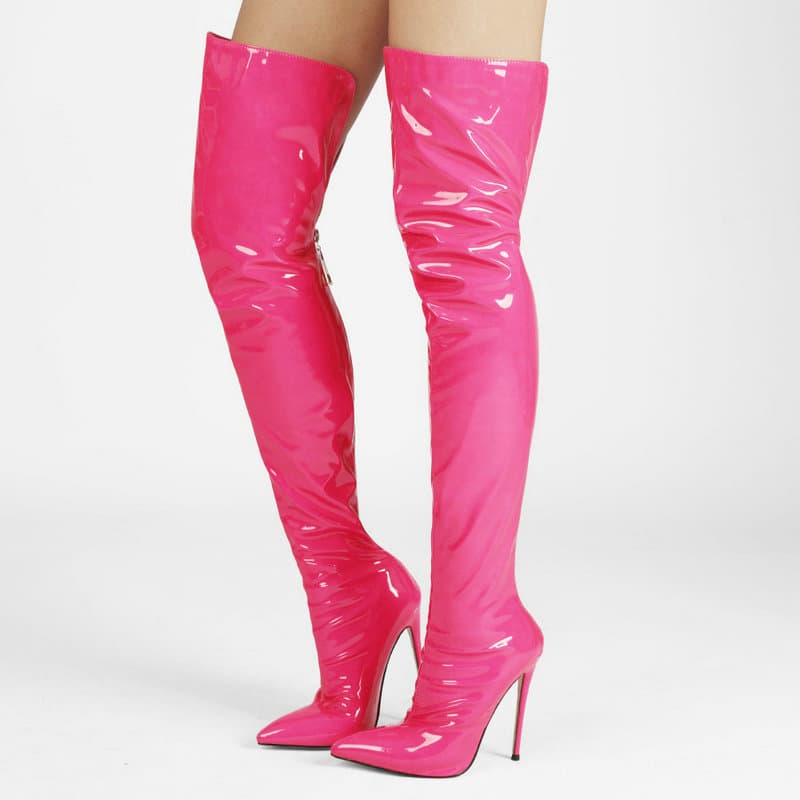 Pointed Toe Women's Boots Stiletto Heel Super High Heel 2023 Patent Leather Women's Over-the-Knee Boots Back Zipper Thigh Boots Nightclub Stage Foreign Trade Shoes