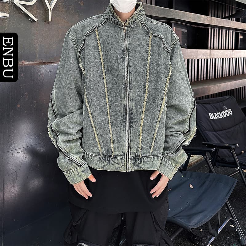 Enbu Streetwear Vintage Washed Denim Jacket Men's Street Stand Collar Workwear Trendy Biker Jacket Men Open Front
