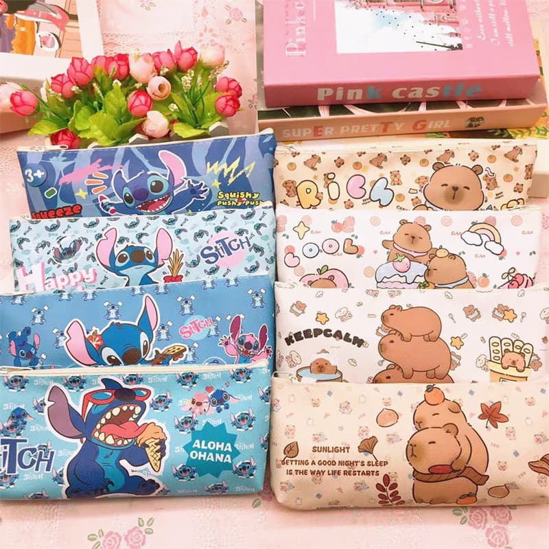 Cute PU Pencil Case Cartoon Stitch Kids Student Zipper Portable Stationery Bag Pencil Pouch Gift