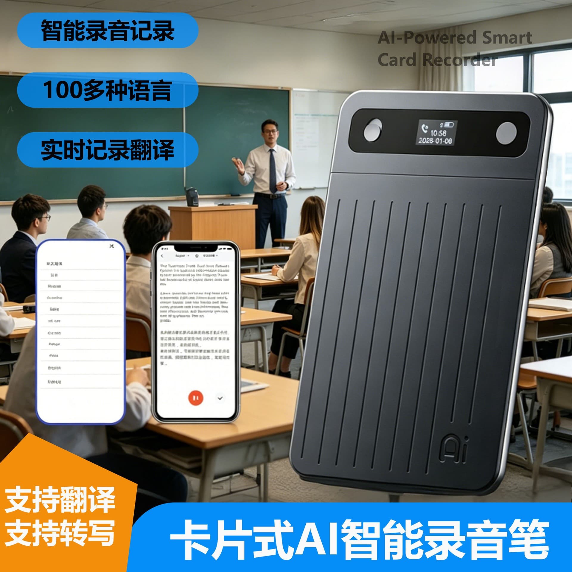 Cross-Border Hot AI Card Voice Recorder, Simultaneous Interpretation, Magnetic Smart Summary Mind Map Recorder