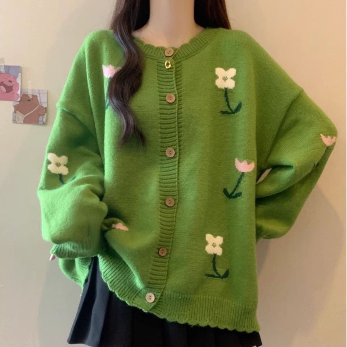 Embroidered Floral Cardigan Sweater for Women 2025 Spring Autumn Korean Loose Fit Slimming Knit Open Front Top