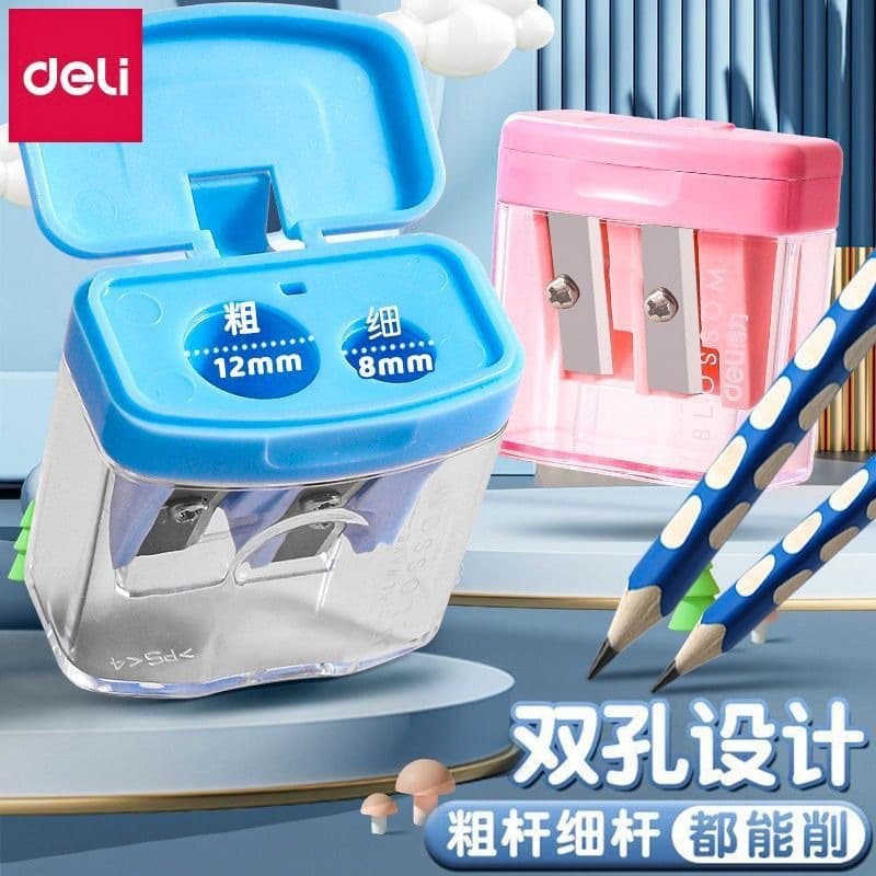 Deli 0576 Large-Diameter Pencil Sharpener Dual-Hole for Thick and Thin Pencils, Large Triangular Extra-Thick Hole Pencil Sharpener
