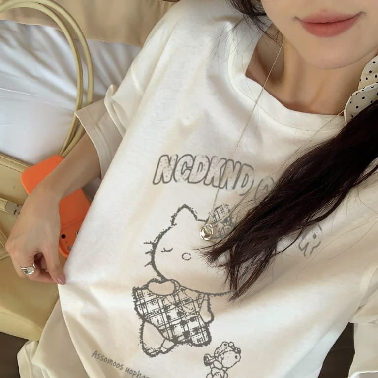 American oversized Hello Kitty printed cotton breathable short-sleeve crewneck T-shirt for women, loose fit plus size