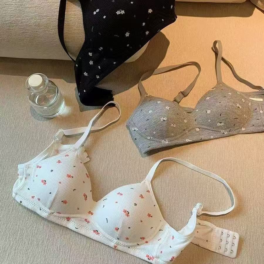 Sweet Floral Korean Ribbed Bra, Push-Up, Breathable, Anti-Sag, Thin for Small Bust