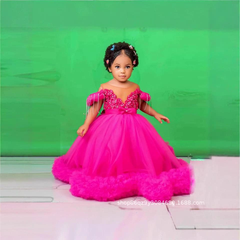 Rose Red Flower Girl Short-Sleeve Princess Dress for Children's Birthday Party, Dance Gown, Host Annual Meeting Dress