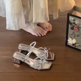Bow Sandals Chunky Heel French Style Small Slippers 2025 New Summer Casual with Dresses Fairy Shoes Outdoor