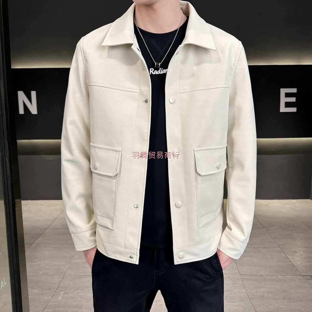2025 New Men's Leather Jacket Short Slim Fit Casual Three-Color Biker Jacket with Lapel