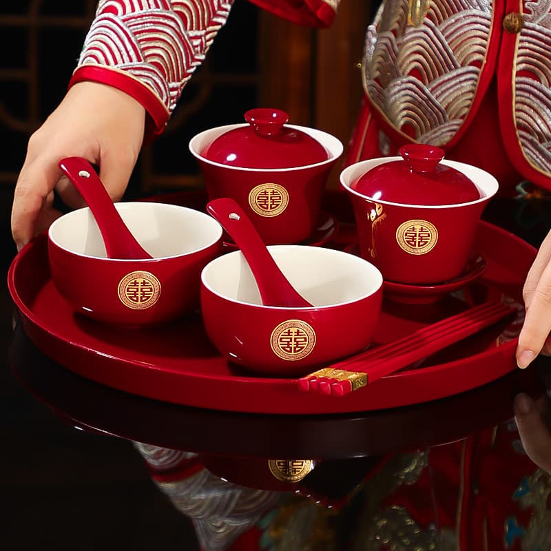 Wedding Toasting Tea Cup Set with Red Double Happiness Character, Complete Tea Utensils and Bowl-Chopstick Combo